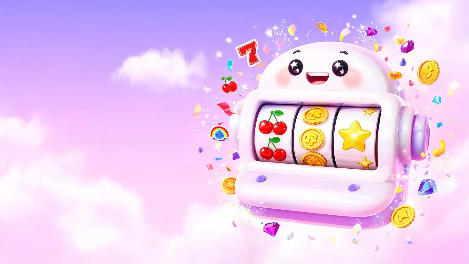Playful slot online machine mascot with cherries, coins and stars - SlotOnline Studio